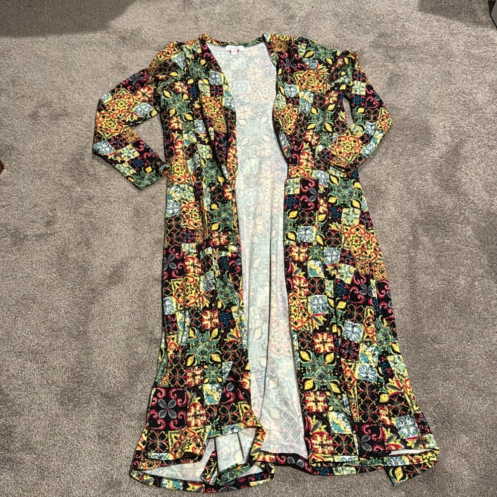 LuLaRoe Sarah Multicolor Patchwork Long Open Front Duster Cardigan SIZE M